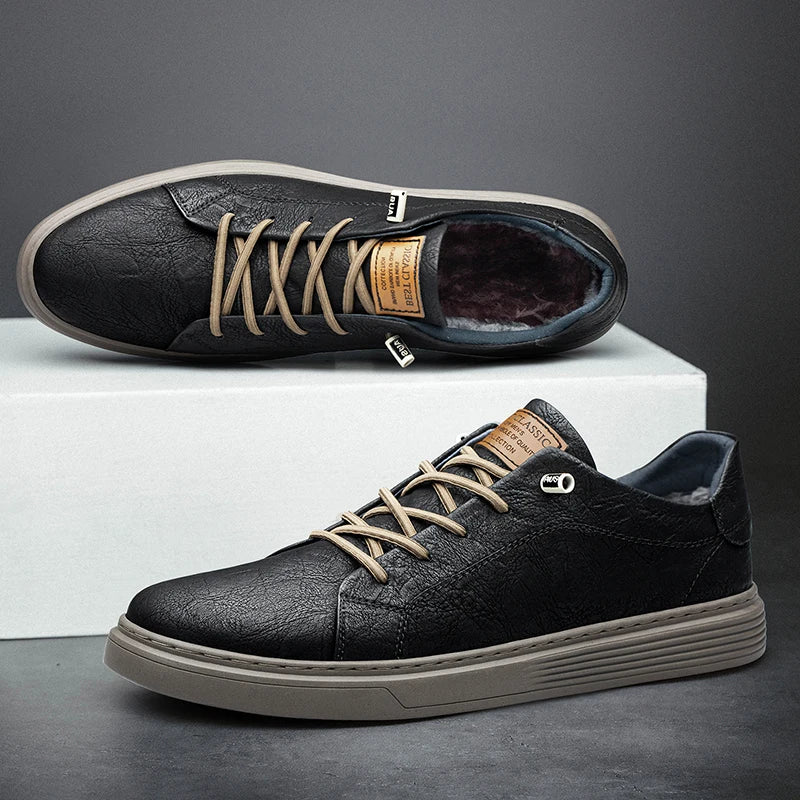 Black-with fur Color Men’s Genuine Leather Oxford Sneakers – Casual Lace-Up