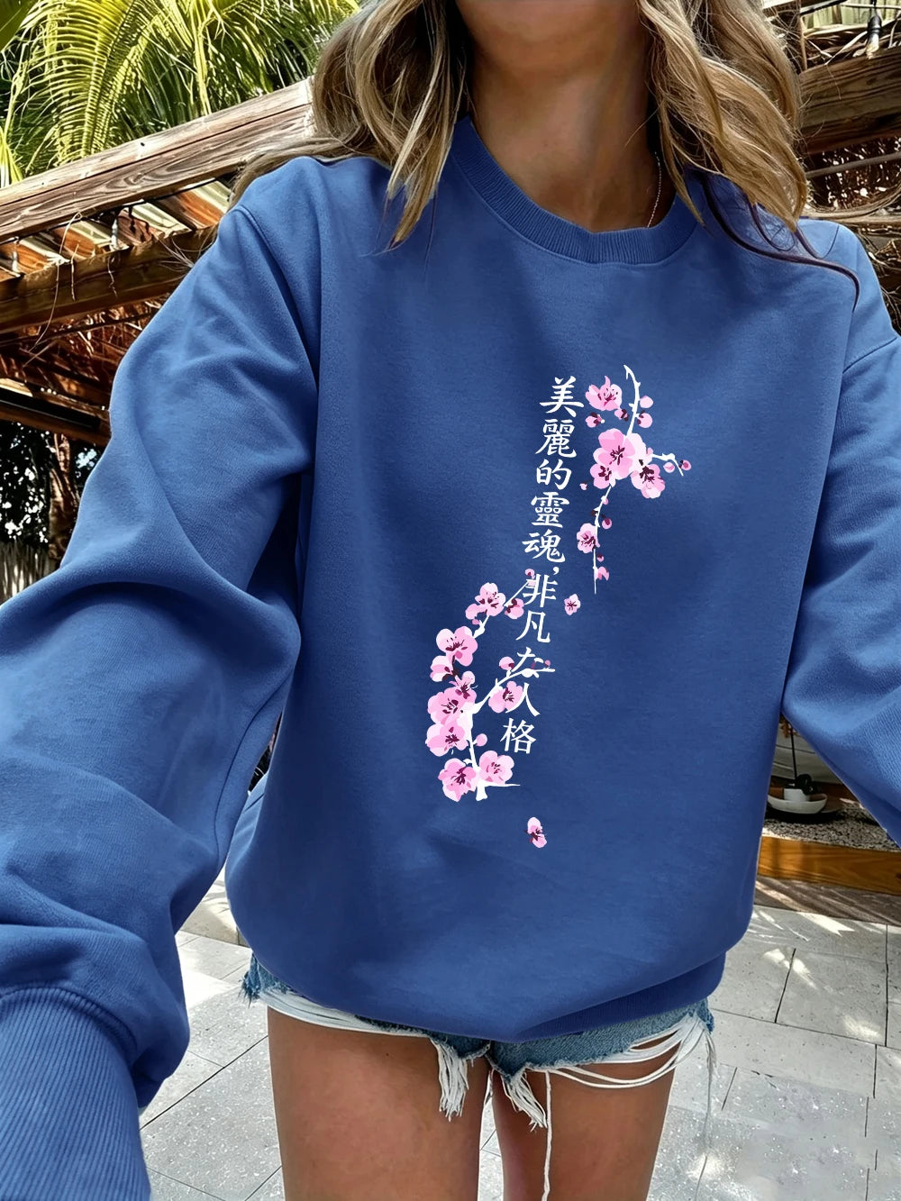 Haze Blue Color Women’s Sakura Print Fleece Sweatshirt Loose Fit