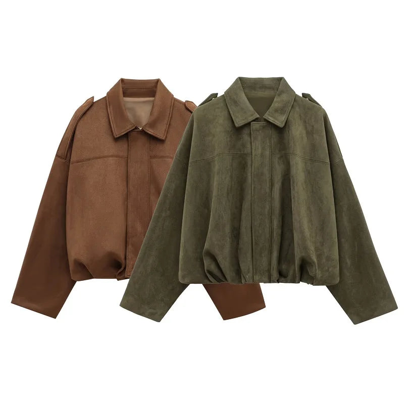 Women’s Faux Suede Bomber Jacket Zip-Up Oversized Coat