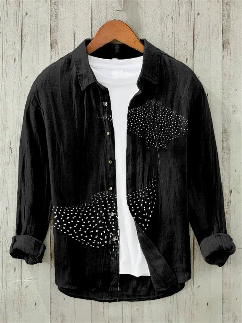 Men's Linen Bamboo Print Hawaiian Long Sleeve Shirt