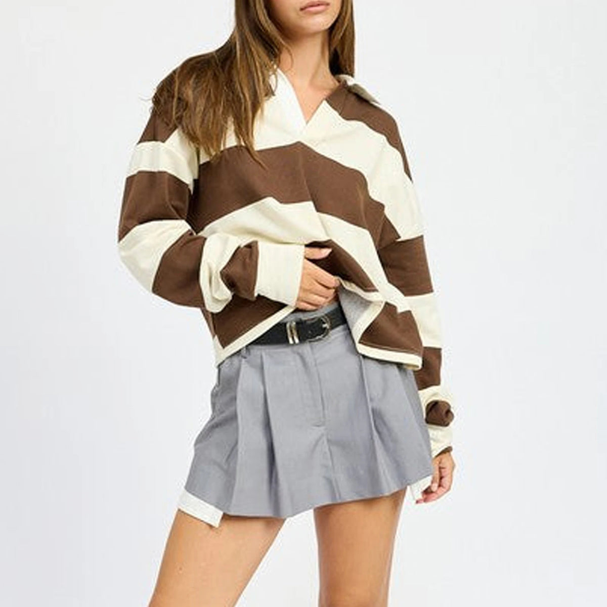 Women’s Striped Cropped Pullover Long Sleeve Top