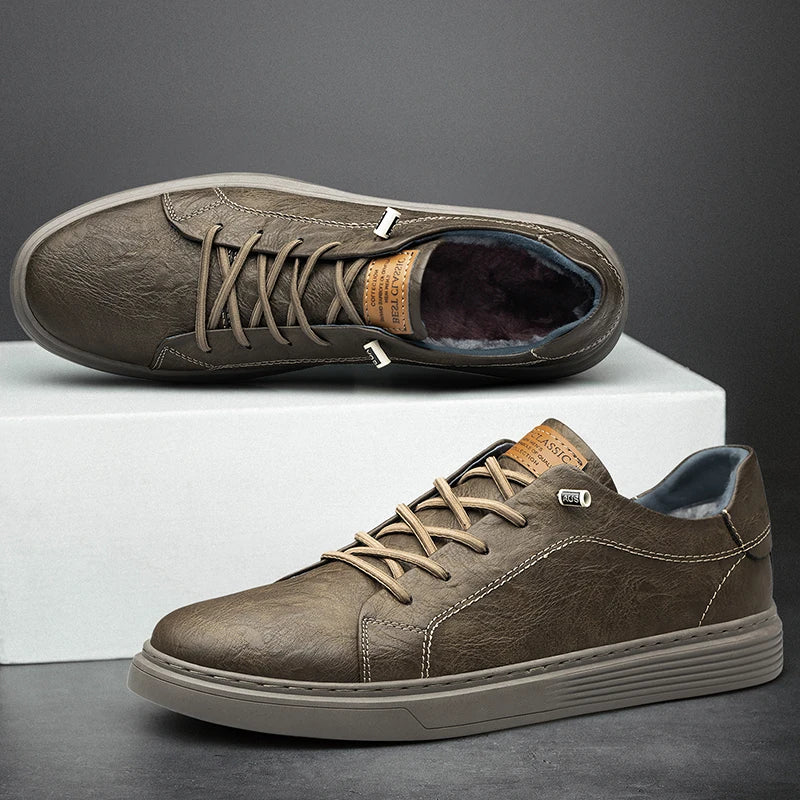 Brown-with fur Color Men’s Genuine Leather Oxford Sneakers – Casual Lace-Up