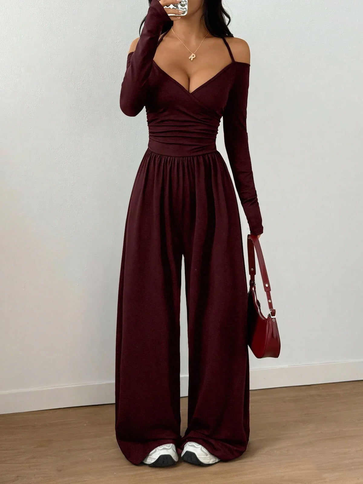 burgundy Color Women’s Off Shoulder Wide Leg Jumpsuit With Lace-Up