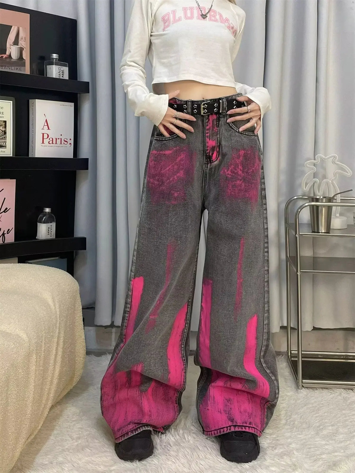 Women’s Graffiti Patchwork Wide Leg High Street Jeans