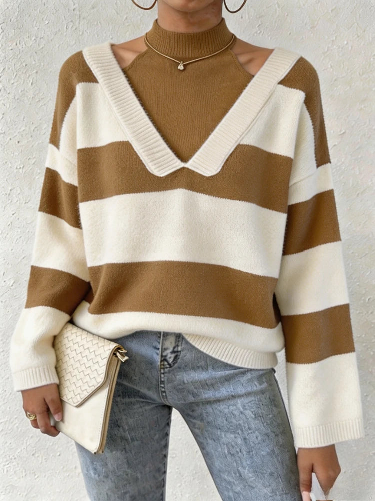 Women’s Striped Knit Pullover – Mock Neck Cut-Out Shoulder