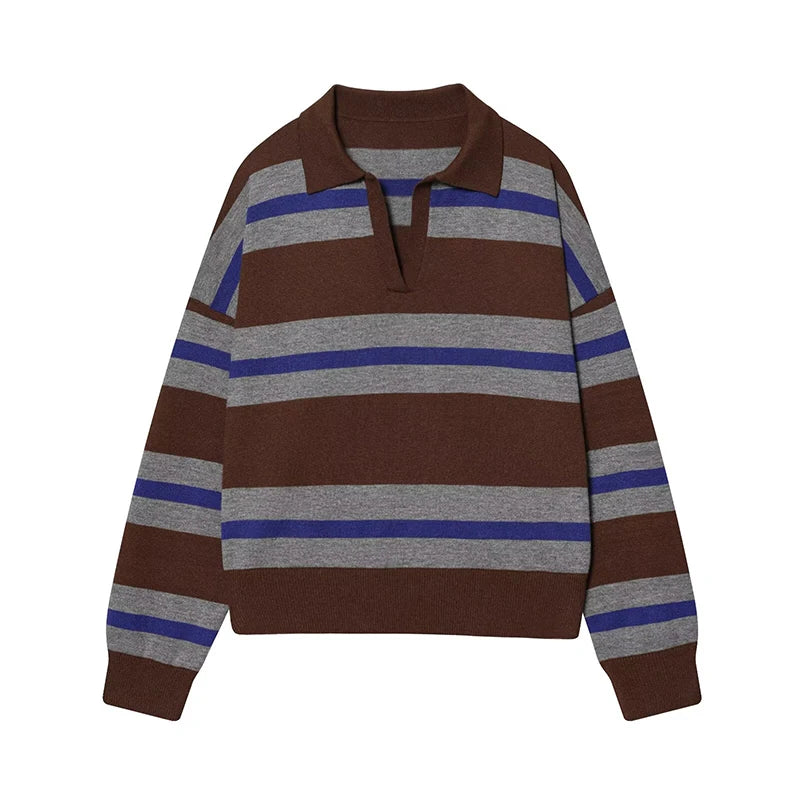 Brown Color Women’s Striped Knit Polo Sweater – Casual Loose Pullover