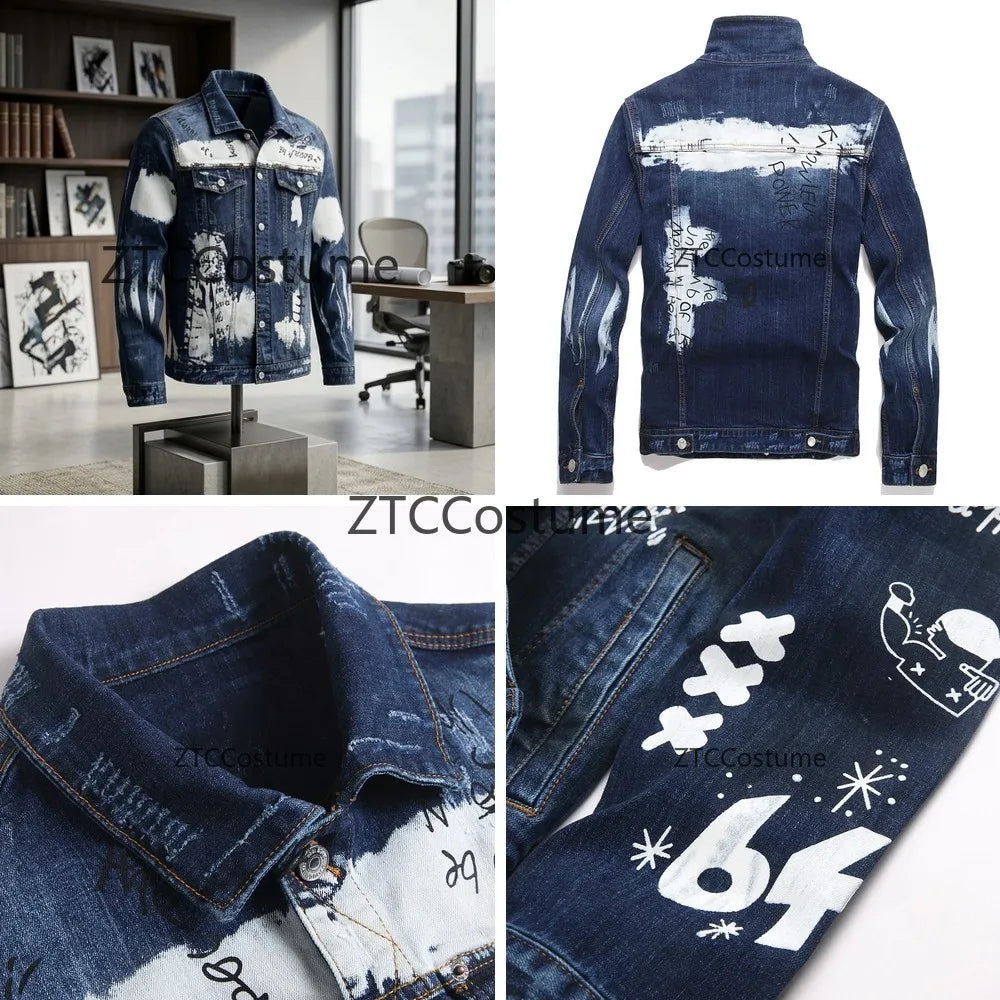 Men's Slim Fit Denim Jacket With Graffiti Print