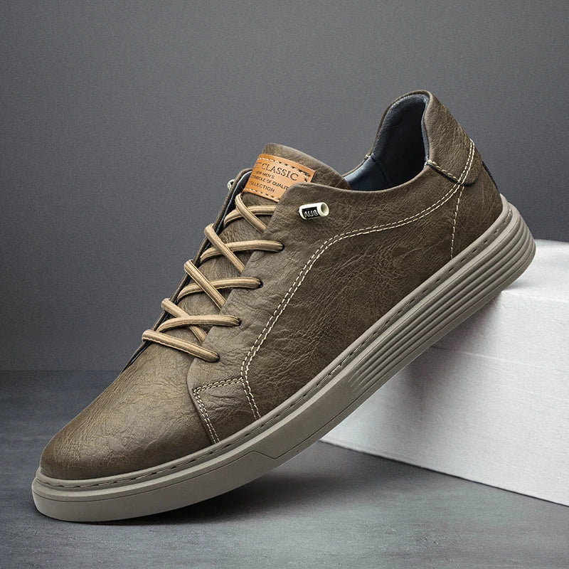 Brown- no fur Color Men’s Genuine Leather Oxford Sneakers – Casual Lace-Up