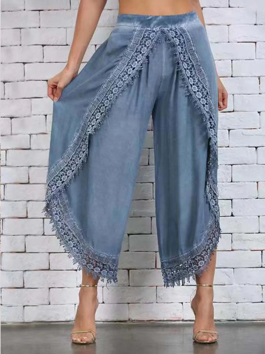 Blue Color Women’s Lace Wide Leg Pants Loose High Waist Casual