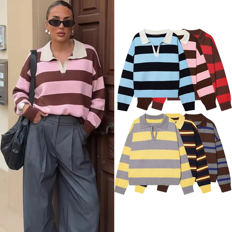 Women’s Striped Knit Polo Sweater – Casual Loose Pullover