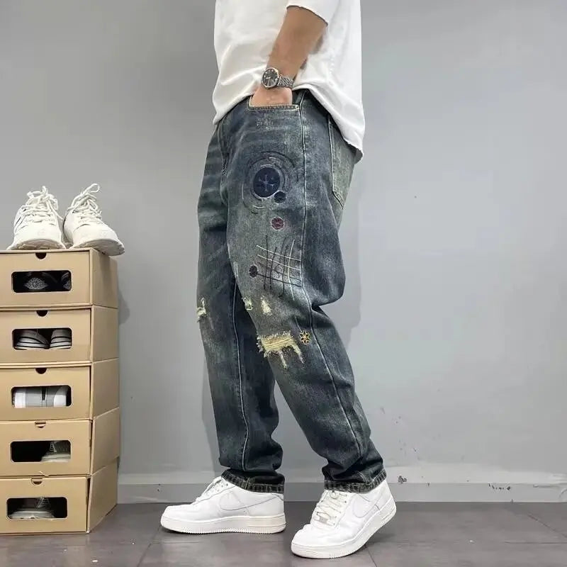 Men's Wide-Leg Ripped Jeans – Vintage Washed Loose Fit