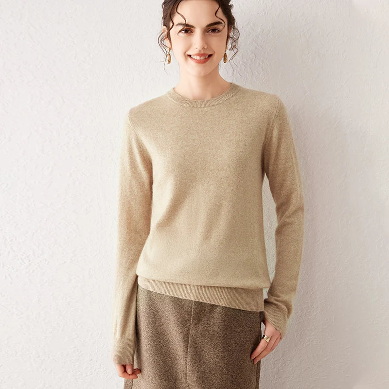 Gaoya camel Color Women’s Cashmere Knit Sweater Crew Neck Long Sleeve
