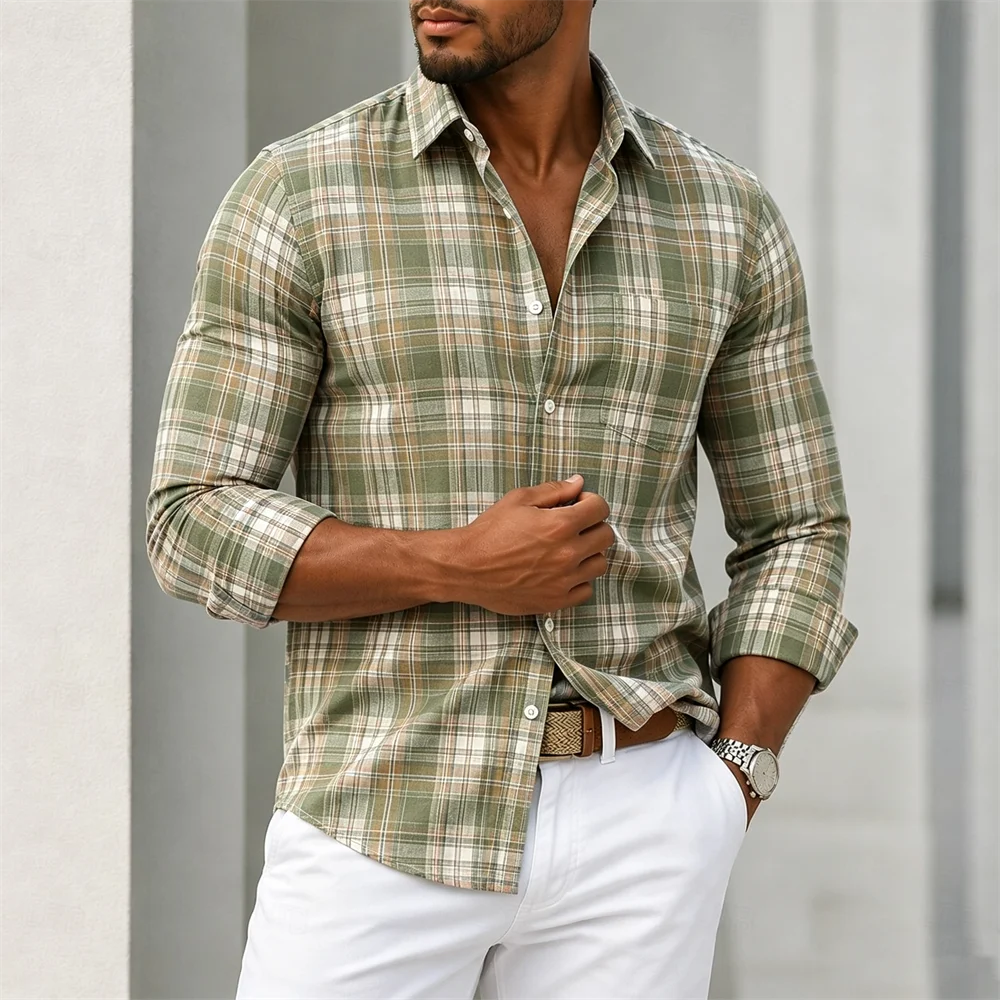 zw2047 Color Men’s Plaid Button-Down Shirt Casual Long Sleeve