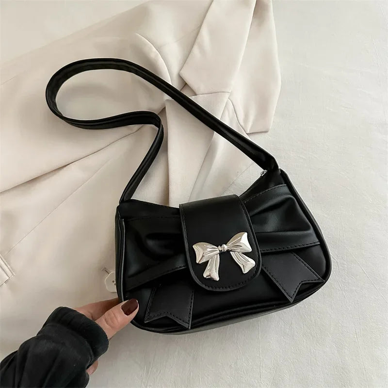 Black-Bow Color Bow Shoulder Underarm Bag For Women PU Saddle Handbag