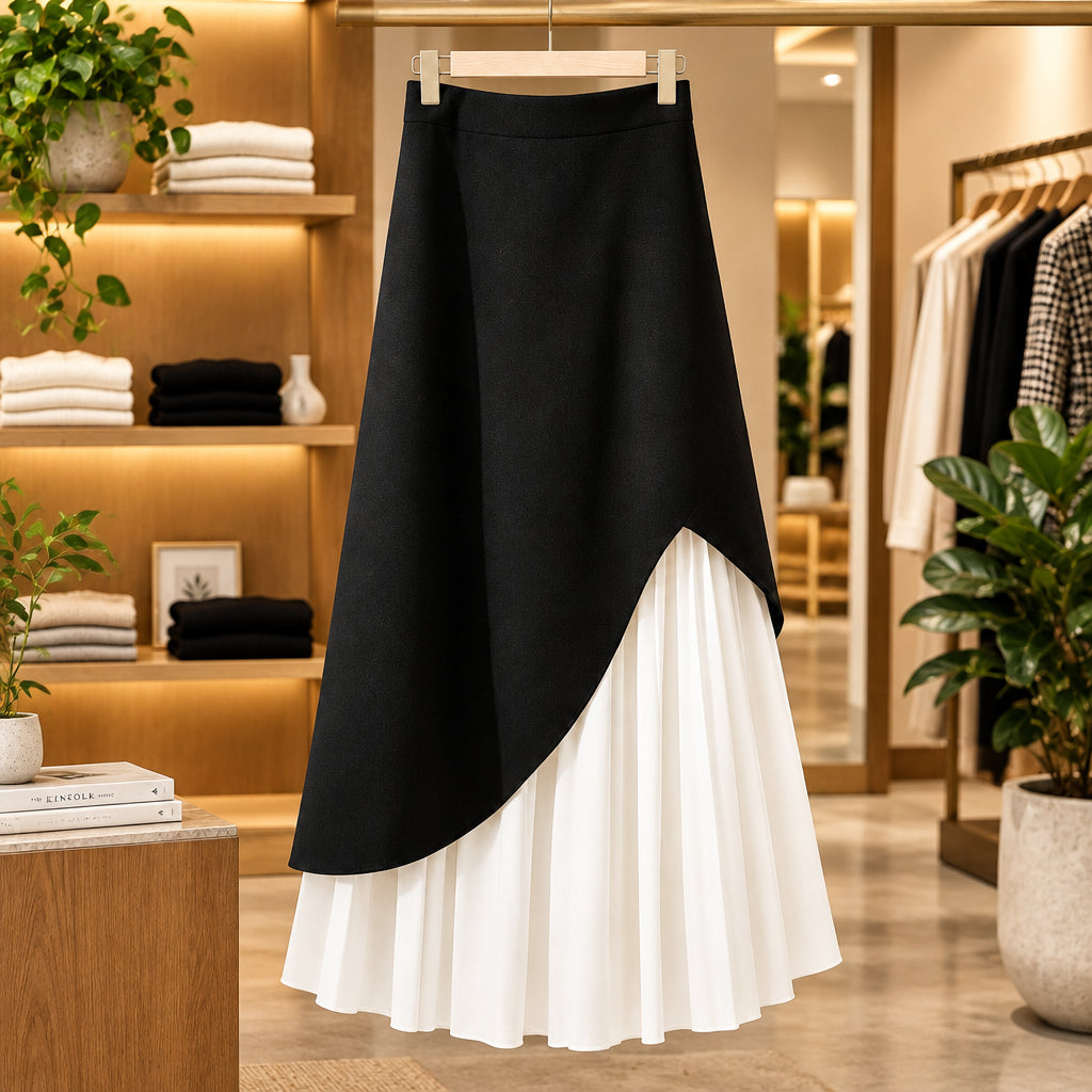 Women's Patchwork Pleated Midi Skirt High Waist Office