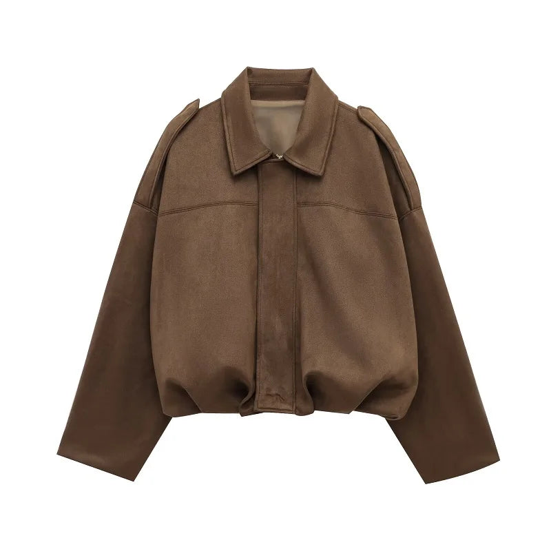Women’s Faux Suede Bomber Jacket Zip-Up Oversized Coat