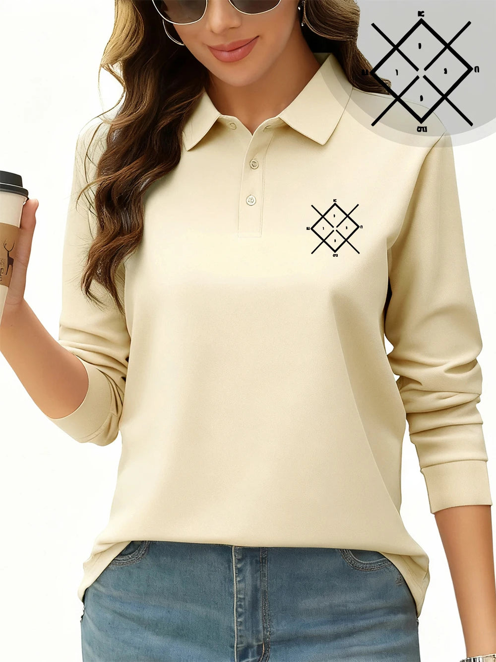 Women’s Sporty Polo Shirt With Long Sleeves And Letter Print