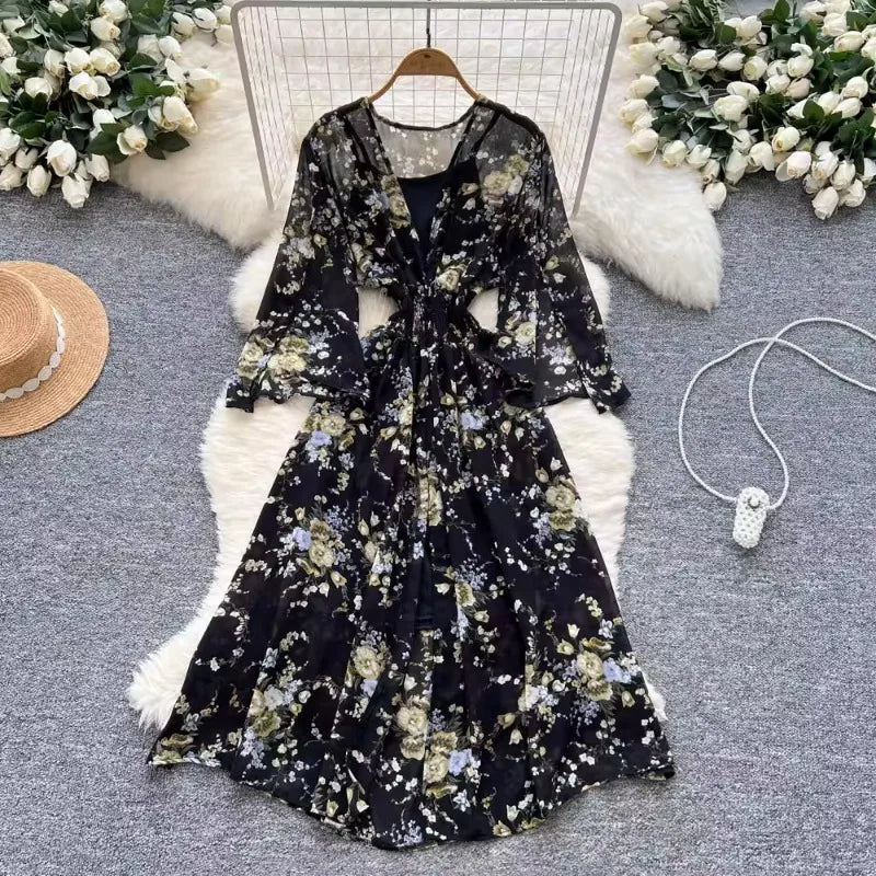 black 1 Color Women’s Floral Chiffon Two-Piece Midi Dress Set
