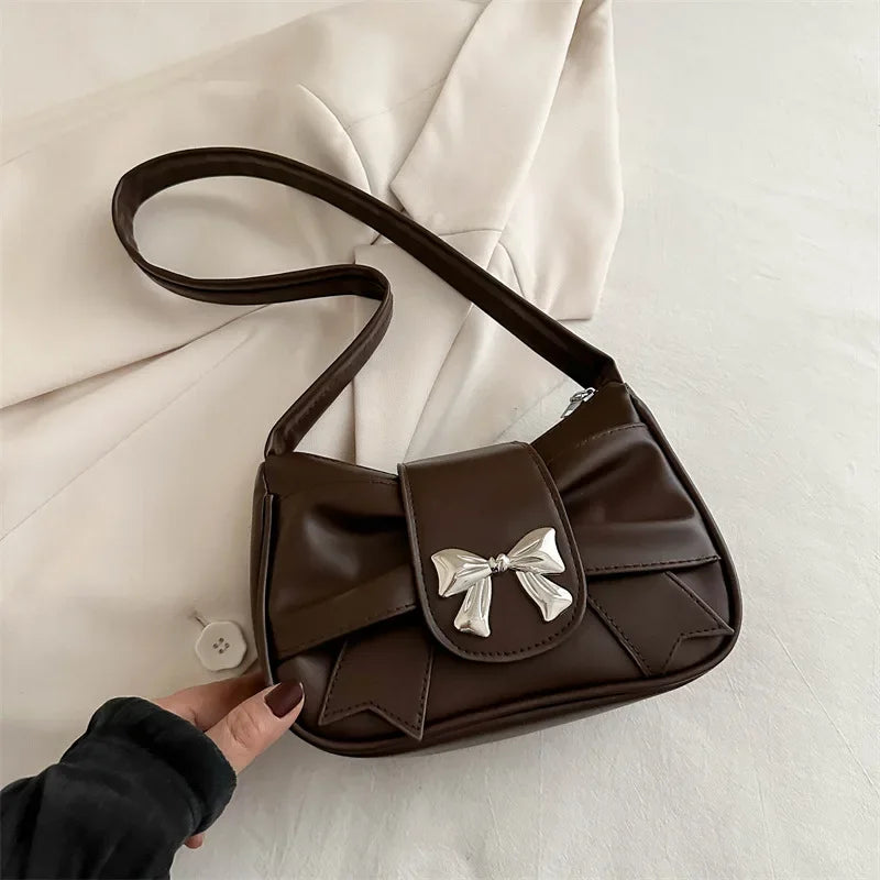 Brown-Bow Color Bow Shoulder Underarm Bag For Women PU Saddle Handbag