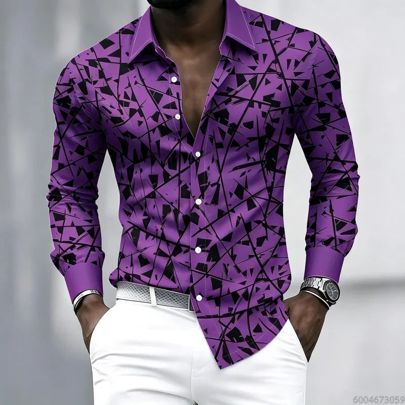 YCZWZW080798F Color Men's Geometric Print Lapel Shirt Casual Long Sleeve