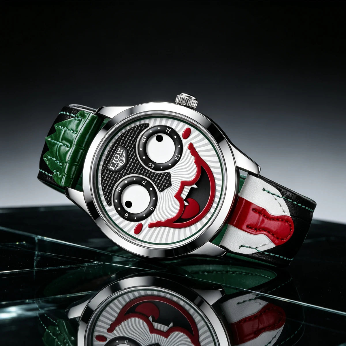 Green Color Men’s Quartz Watch With Clown Dial Leather Strap