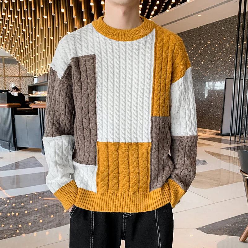 Men’s Patchwork Knit Sweater – Casual Autumn Winter Pullover