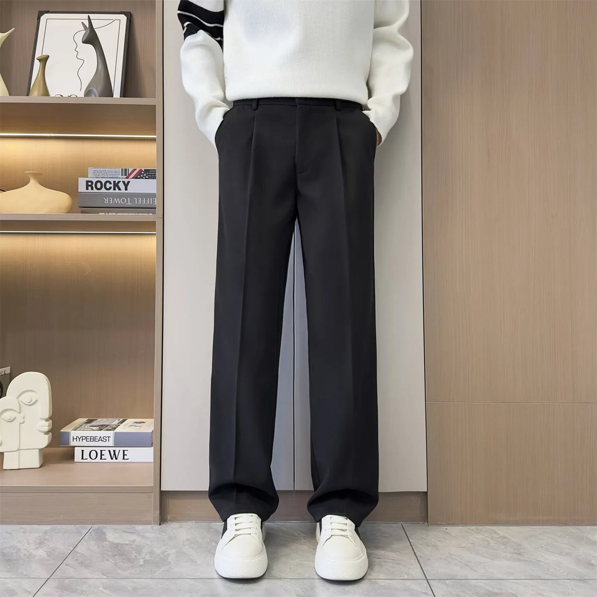 black Color Men’s Woolen Suit Trousers Solid Loose Straight Fit