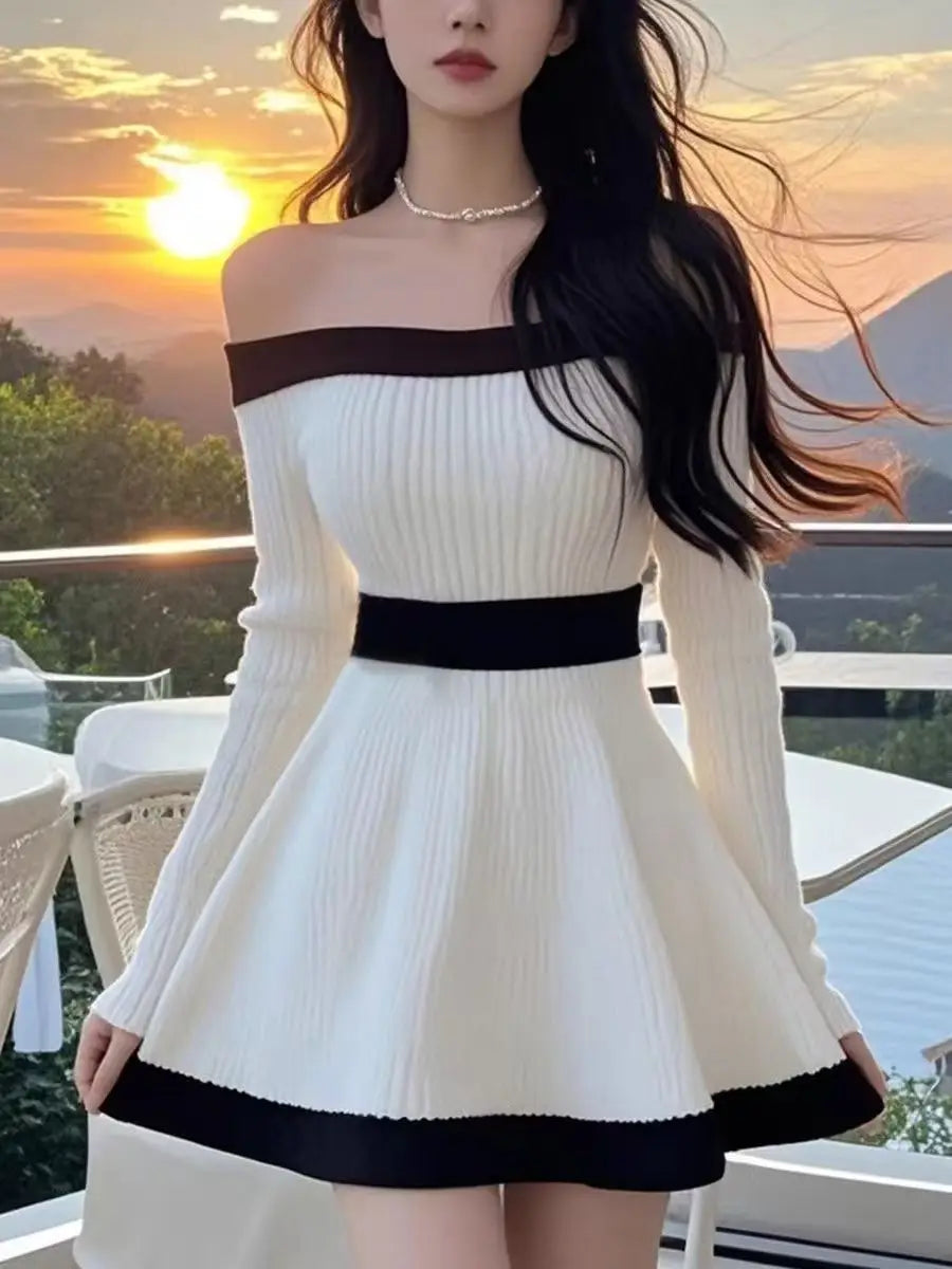 Elegant Boat Neck Knit Party Dress With Ball Gown Skirt
