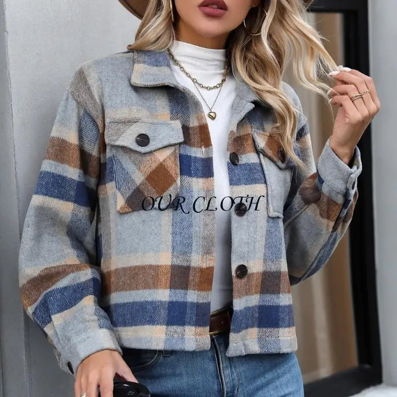 Women’s Plaid Wool Shacket Jacket – Button Down, Cropped