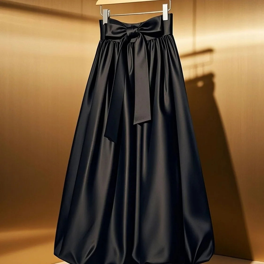 Satin A-Line Midi Bubble Skirt With Lace-Up Waist
