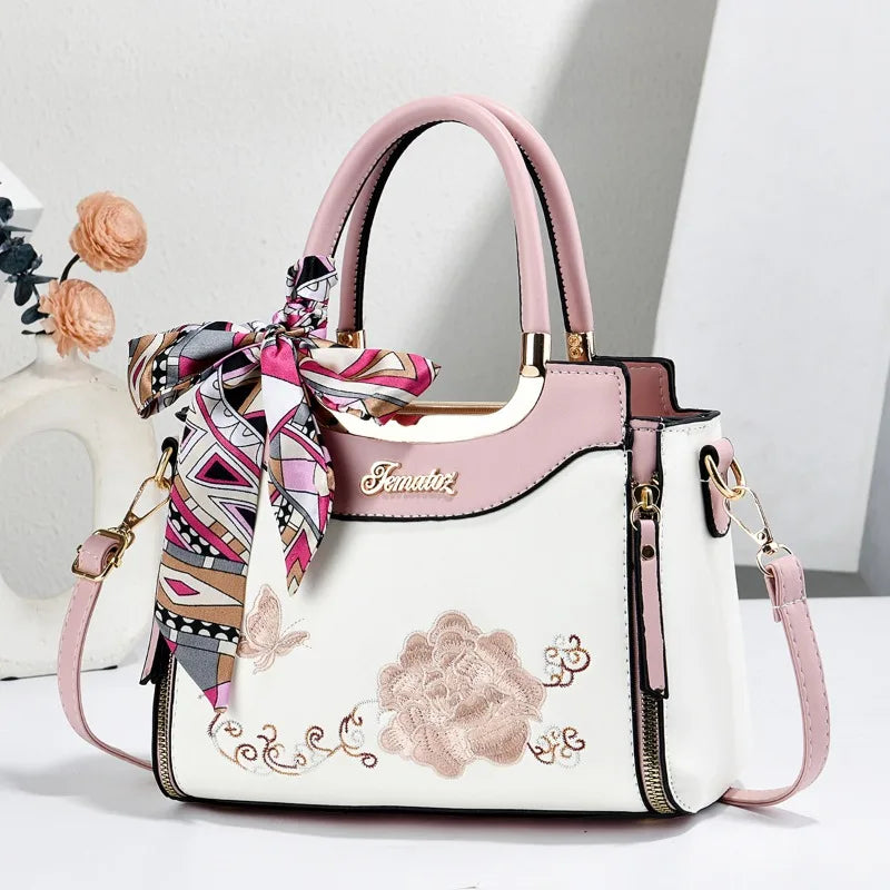 Women’s Embroidered PU Leather Shoulder Tote Handbag