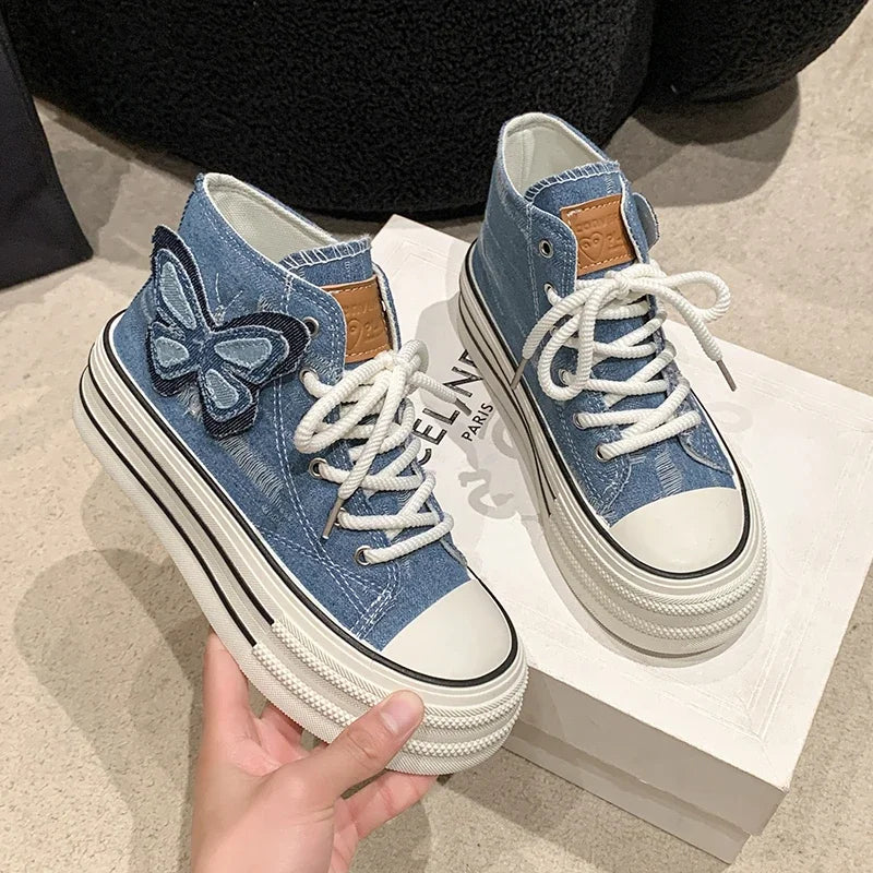 SKY BLUE Color Women’s High Top Canvas Sneakers With Platform Sole
