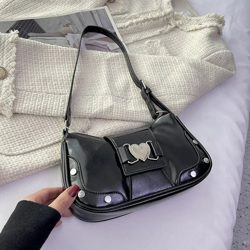 Black-Love Color Bow Shoulder Underarm Bag For Women PU Saddle Handbag