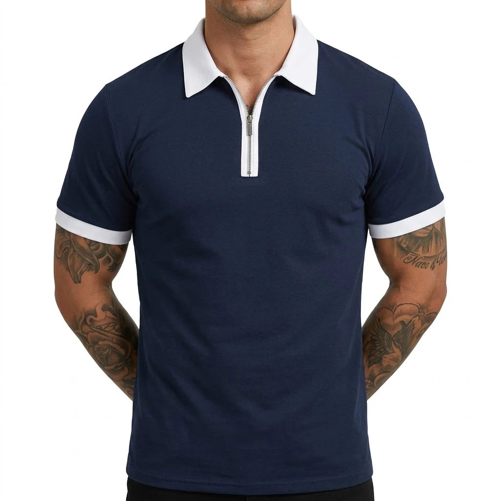 Navy Color Men’s Zipper Polo Shirt Short Sleeve Moisture-Wicking