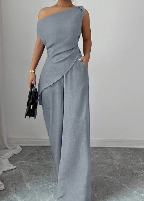 Gray Color One Shoulder Wide Leg Jumpsuit Set For Women