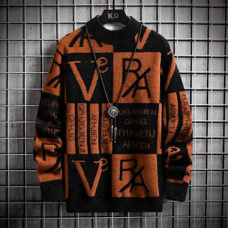 Men’s Knit Letter Pullover Sweater Round Neck Casual