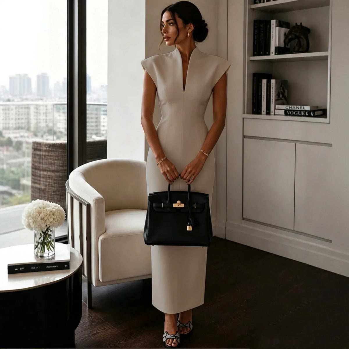 Sleeveless V-Neck Bodycon Midi Dress For Women
