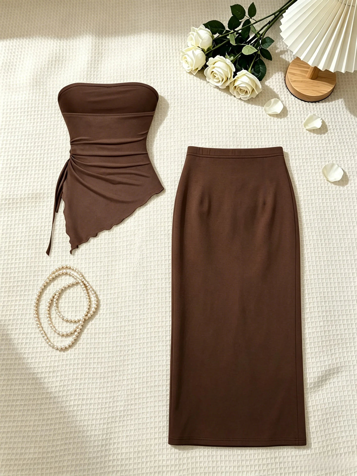 Women’s Strapless Bodycon Two-Piece High Slit Midi Skirt Set