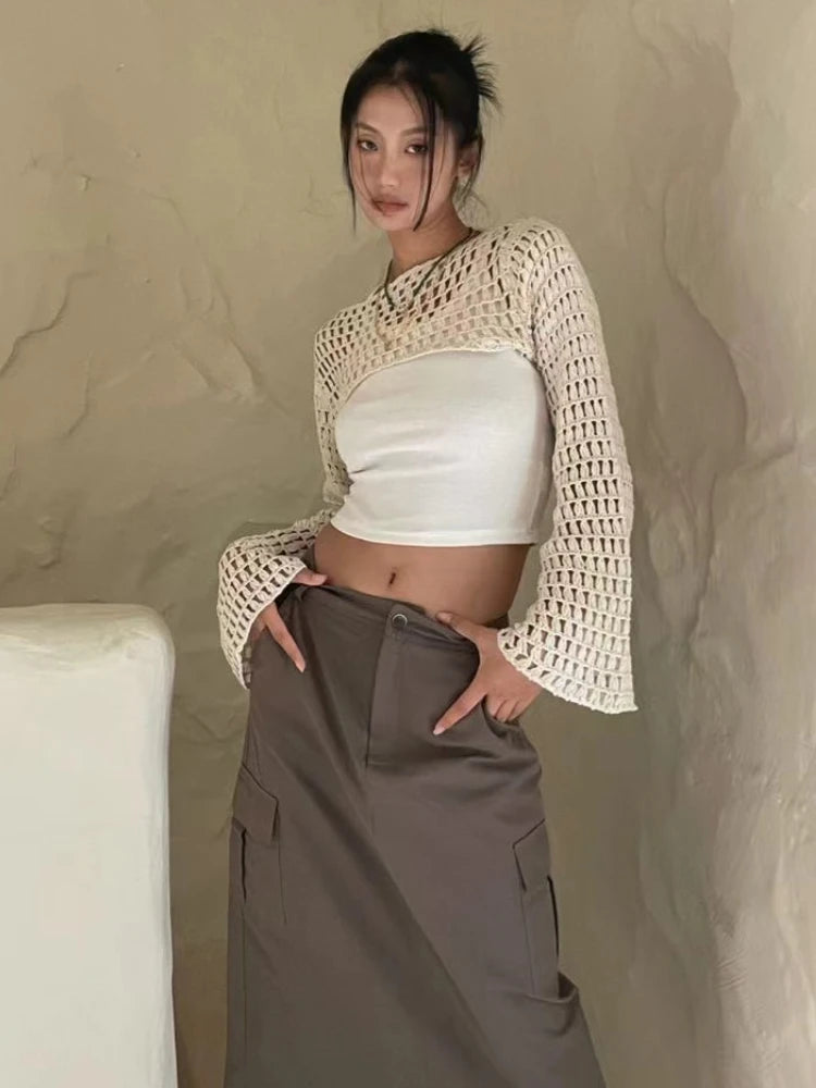 Women's Vintage Crochet Long Sleeve Crop Top Tee