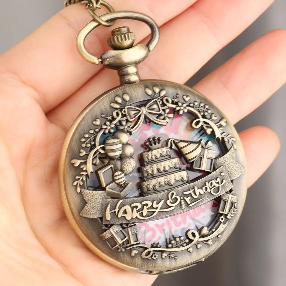 Vintage Steampunk Pocket Watch With Birthday Cake Design