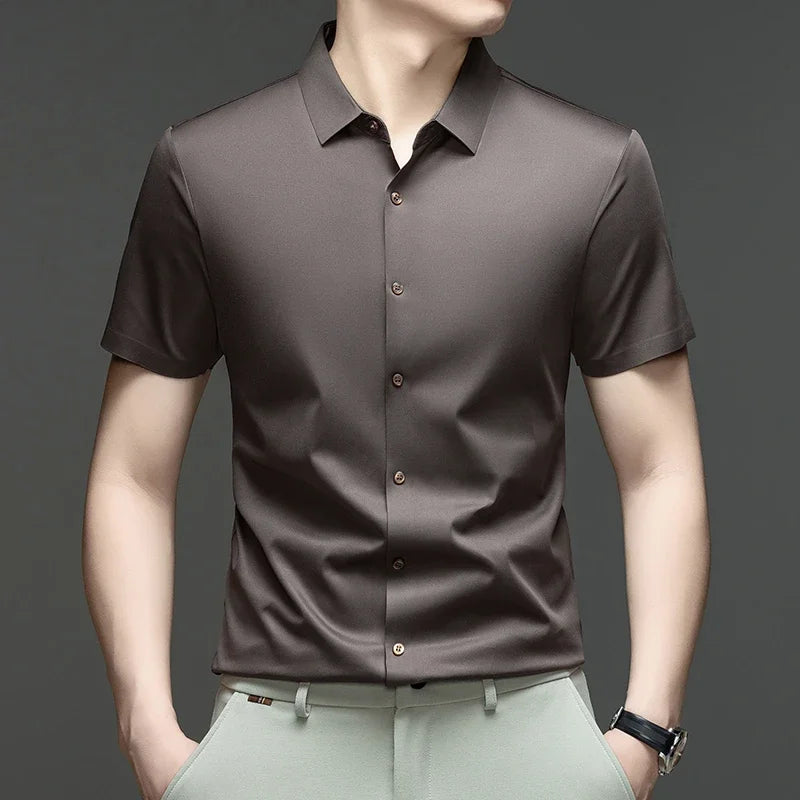 Coffee Color Men's Ice Silk Short Sleeve Shirt – Lightweight Casual