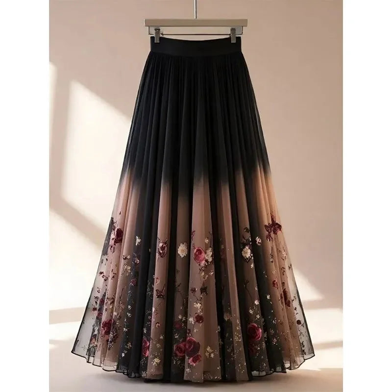Women’s Gradient Chiffon Midi Skirt – Casual A-Line