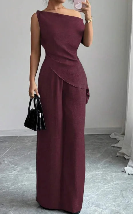 Fuchsia Color One Shoulder Wide Leg Jumpsuit Set For Women