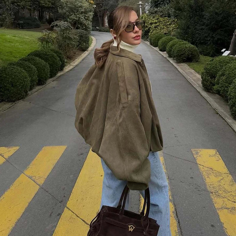 Women’s Faux Suede Bomber Jacket Zip-Up Oversized Coat
