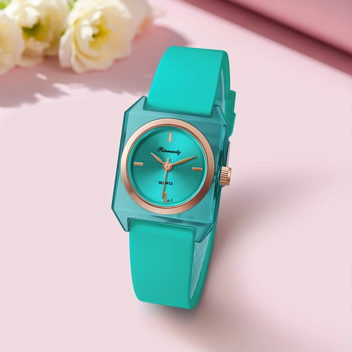 Cyan Color Women’s Rectangle Quartz Watch with Soft Silicone Strap