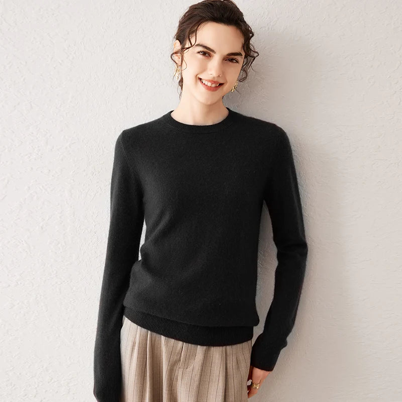 black Color Women’s Cashmere Knit Sweater Crew Neck Long Sleeve
