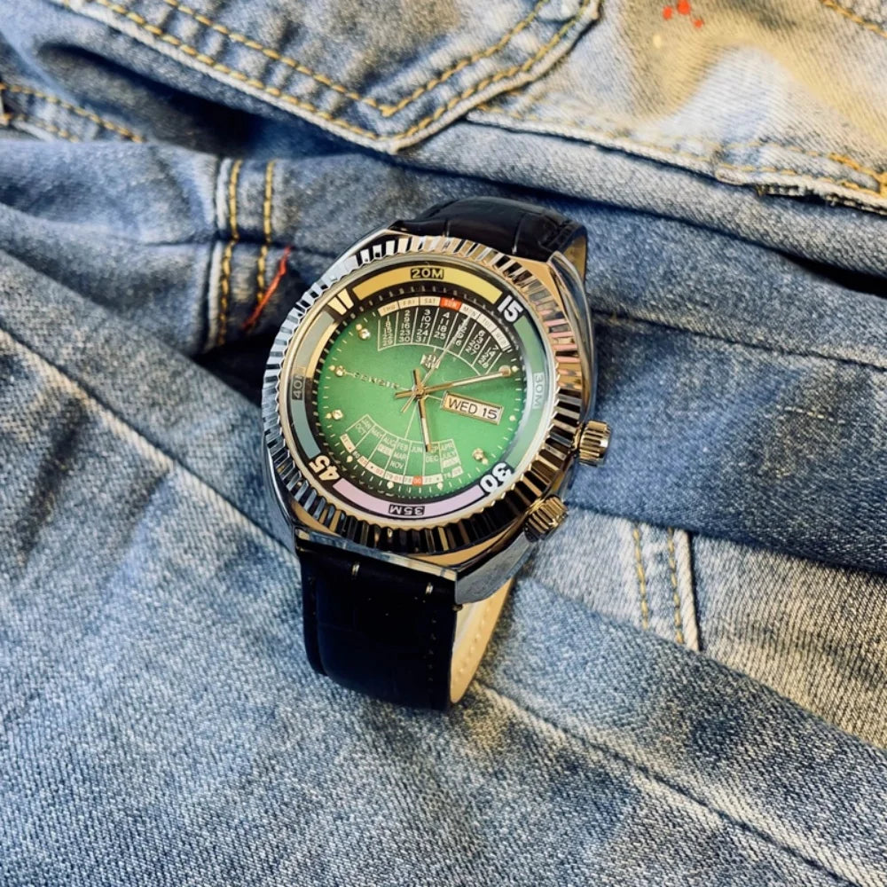 Men's Vintage Quartz Watch With Leather Strap Calendar