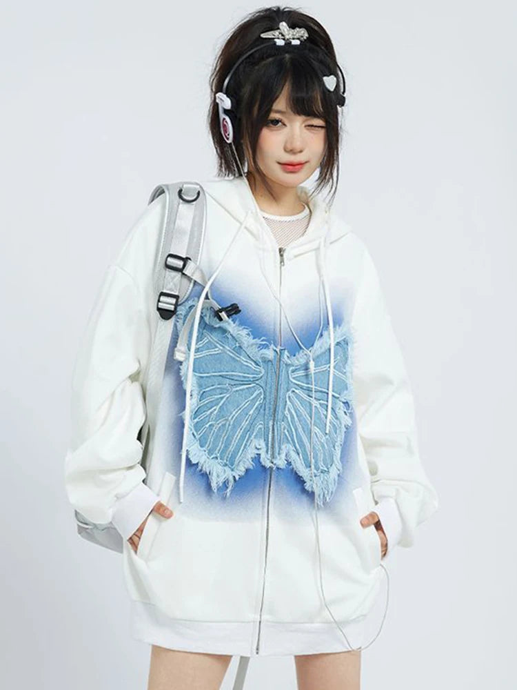 Vintage Y2K Butterfly Zip Up Hoodie For Women