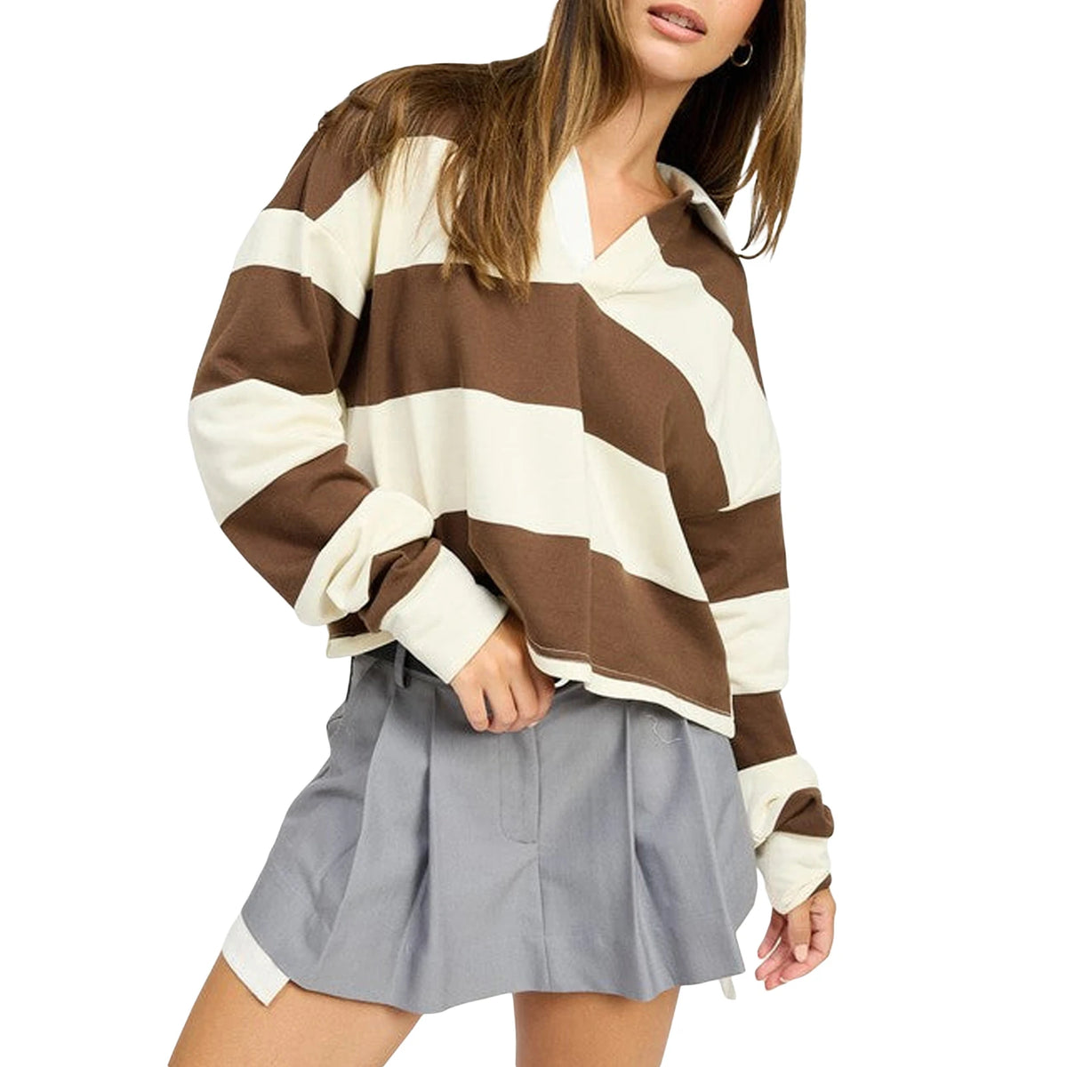Brown Color Women’s Striped Cropped Pullover Long Sleeve Top