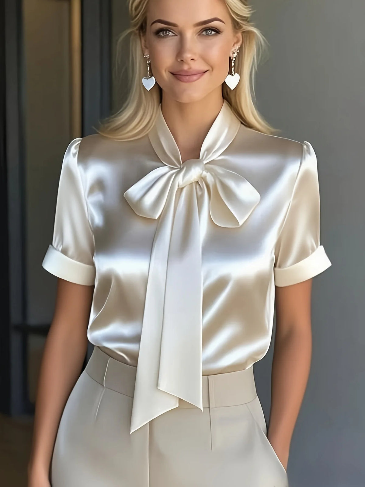 Women’s Satin Bow Blouse Short Sleeve Pullover Top